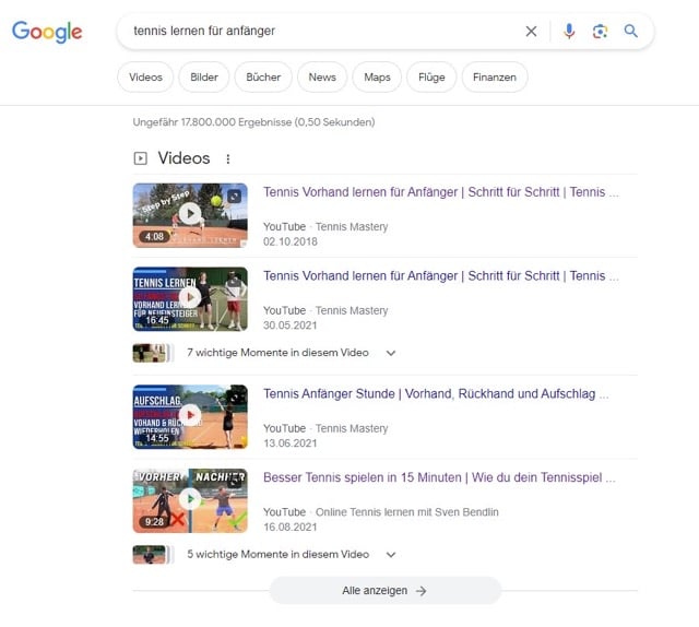 Bei Google tauchen in der SERP verschiedene Videos und Bilder unter den jeweiligen Reitern auf.