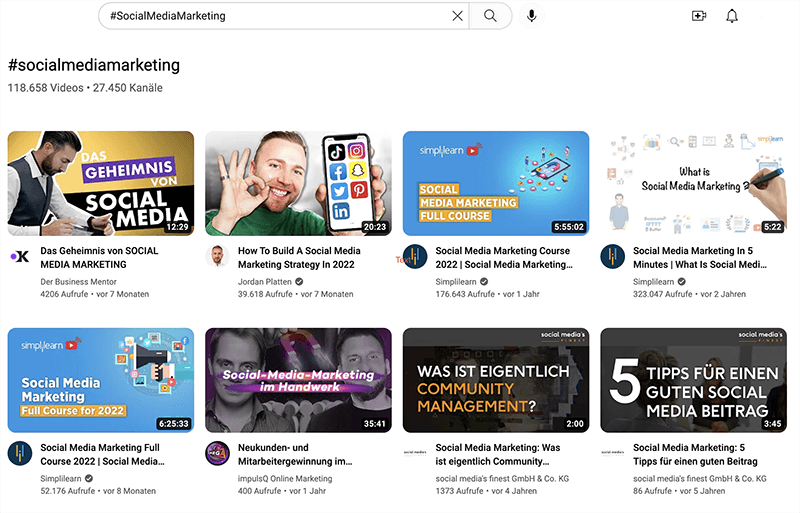 Screenshot Hashtag-Suche auf Youtube