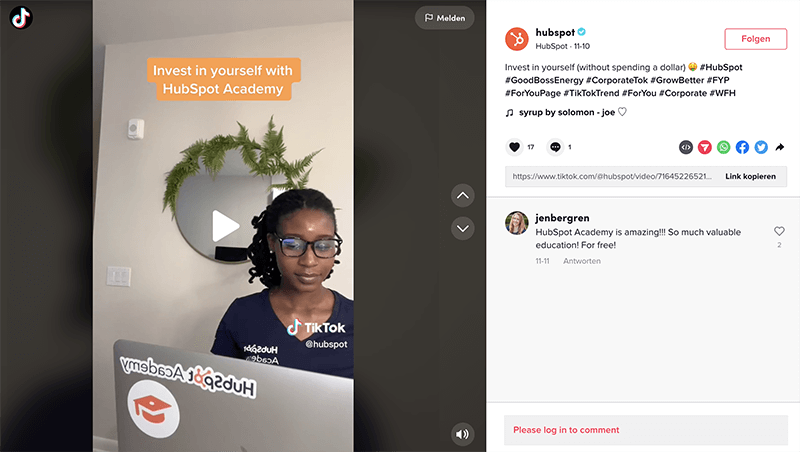 Screenshot Hashtags auf TikTok-Kanal HubSpot
