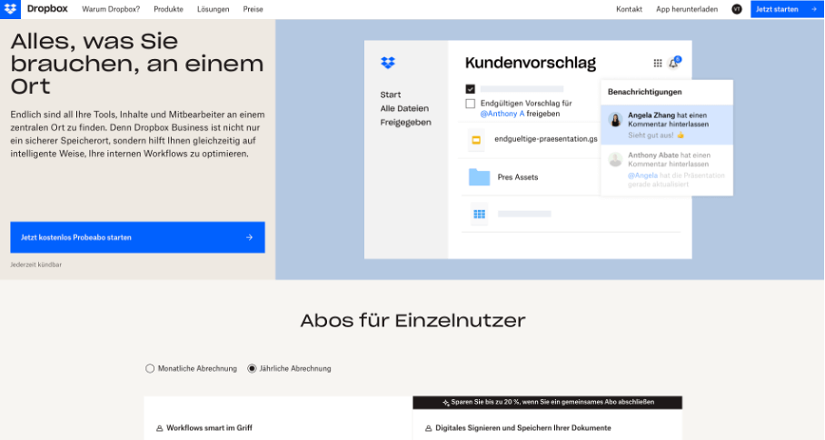 Homepage-Startseite von Dropbox