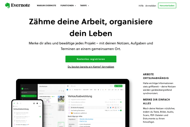 Homepage-Startseite von Evernote