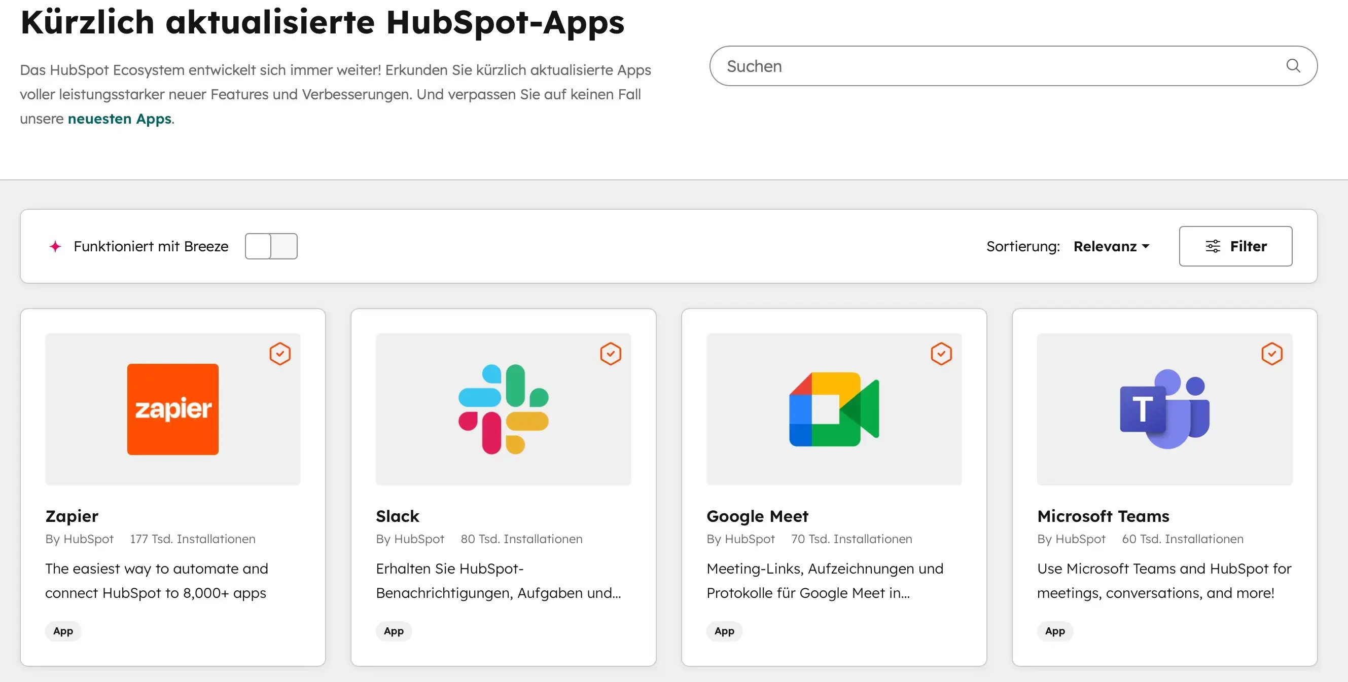 Screenshot des HubSpot App Marketplace mit kürzlich aktualisierten Integrationen, darunter Zapier, Slack, Google Meet und Microsoft Teams