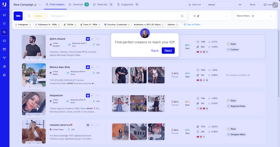 Screenshot der Influencer Plattform Upfluence