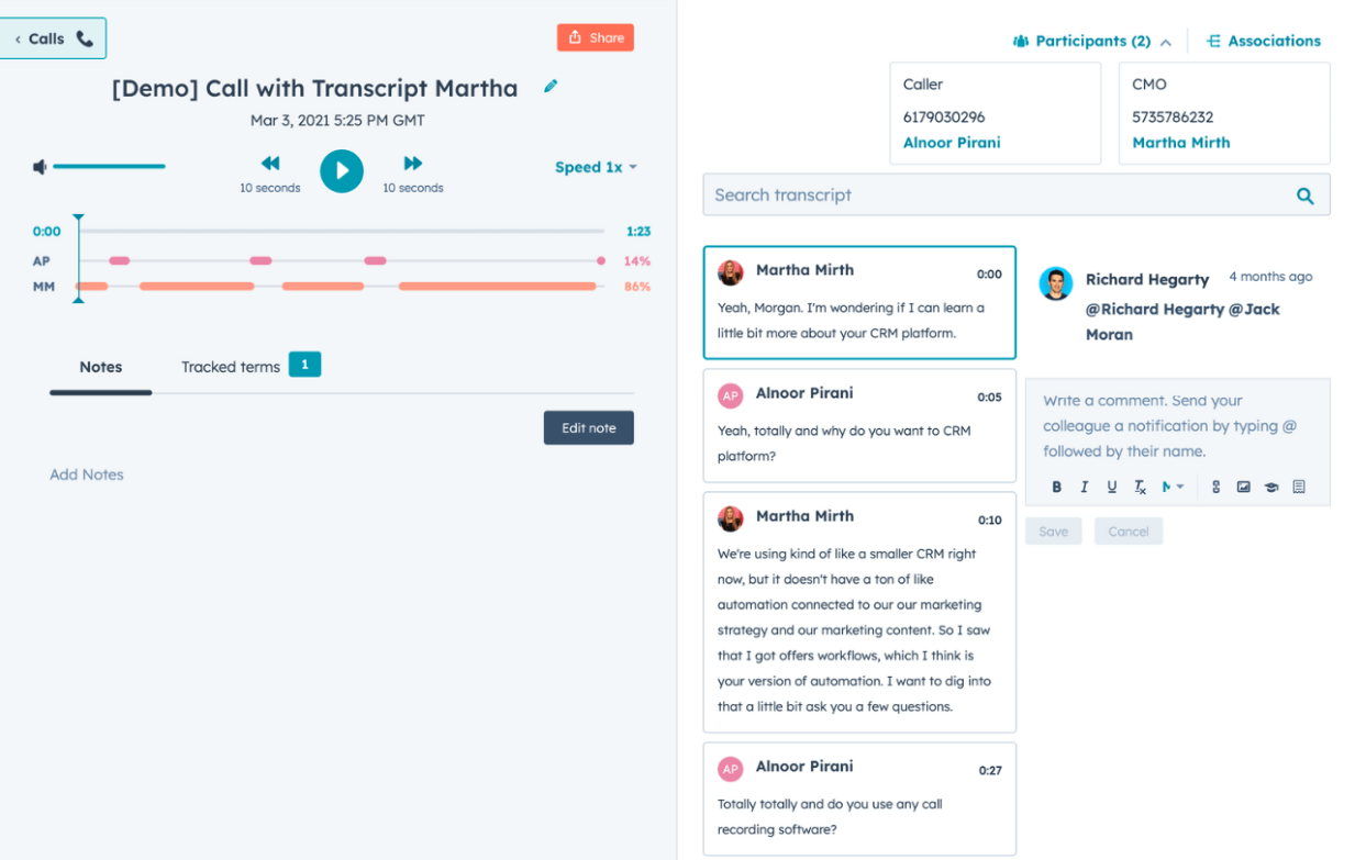 Screenshot aus dem HubSpot Tool Conversation Intelligence