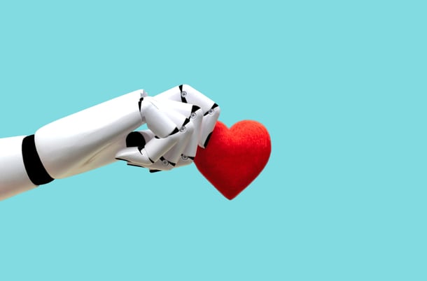Roboter-Hand hält Herz symbolisierend für Instagram-Bot 