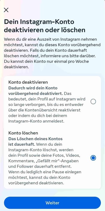 Instagram Account loeschen: Schritt 6