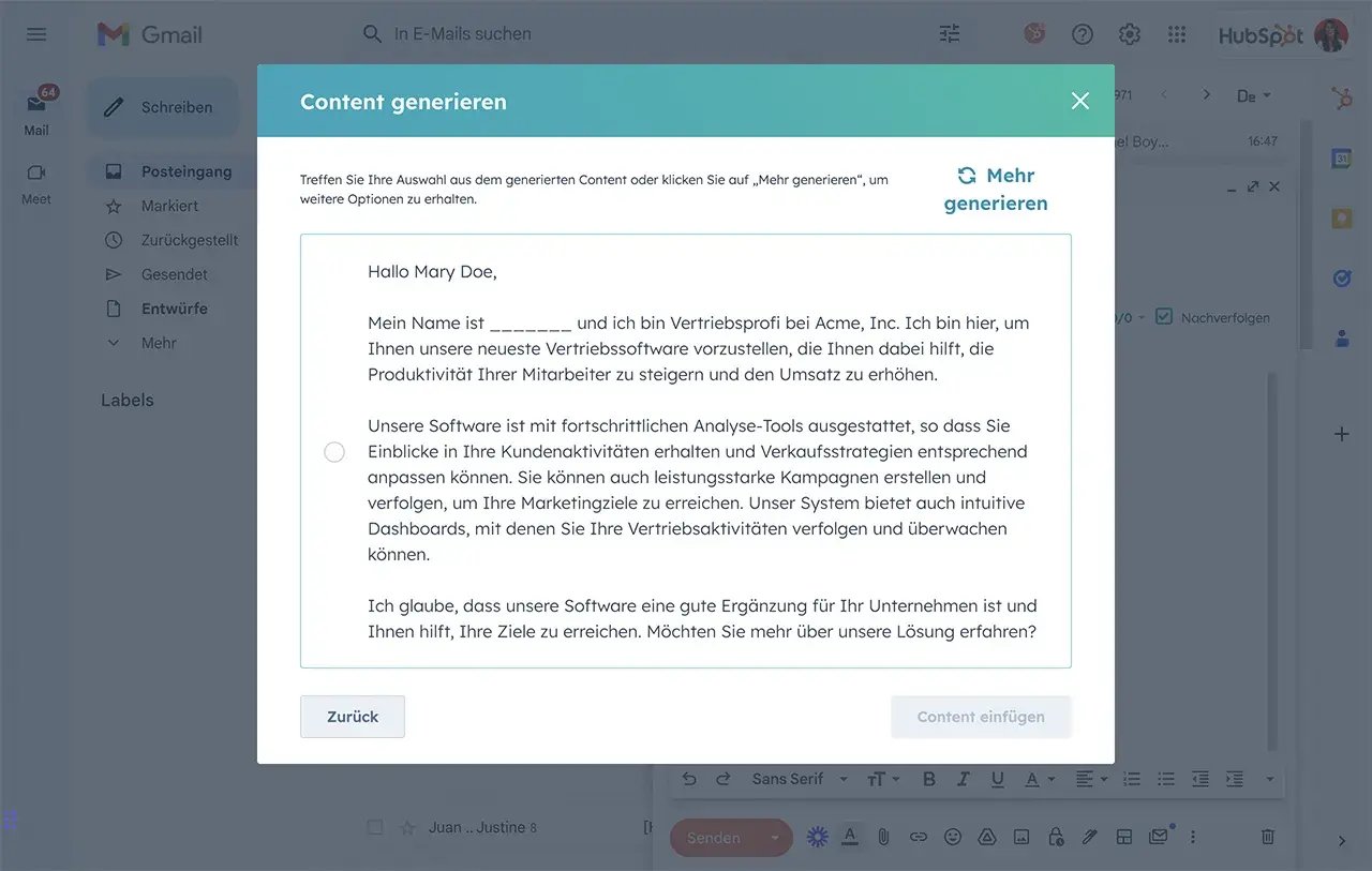 KI-E-Mail-Generator von HubSpot eingebunden in Google Mail