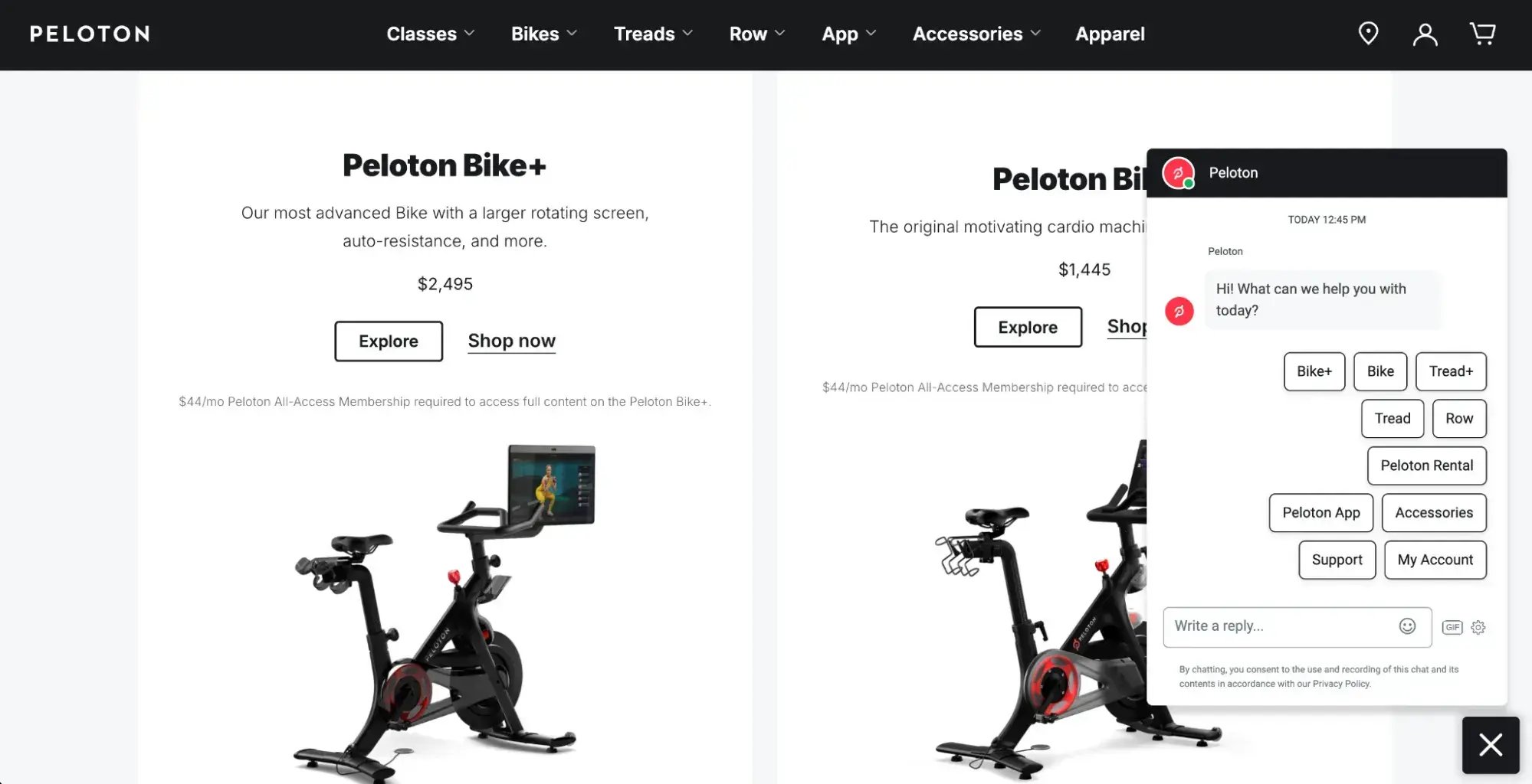 Screenshot, der das Chatbot-Fenster auf der Peloton-Website zeigt.