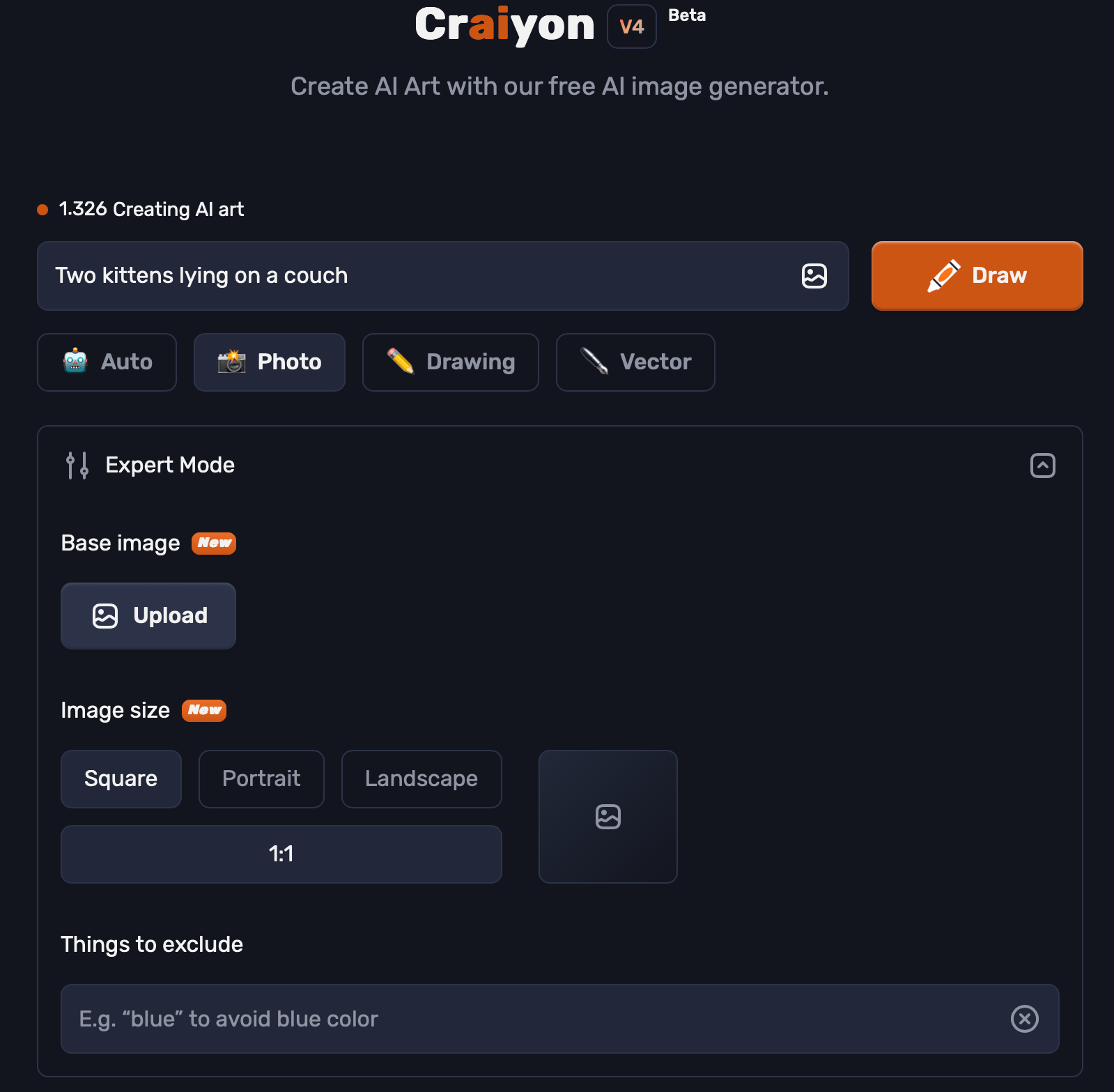 UI von des KI-Bildgenerators Craiyon