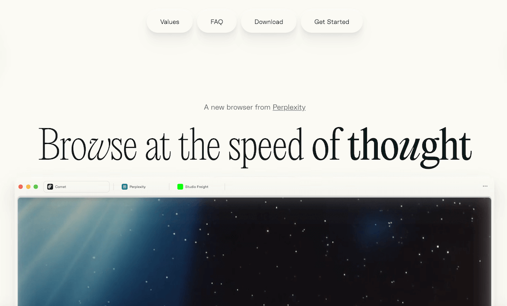 Screenshot der Perplexity Website zum KI-Browser Comet