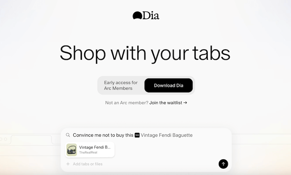 Screenshot der Website für den KI-Browser Dia