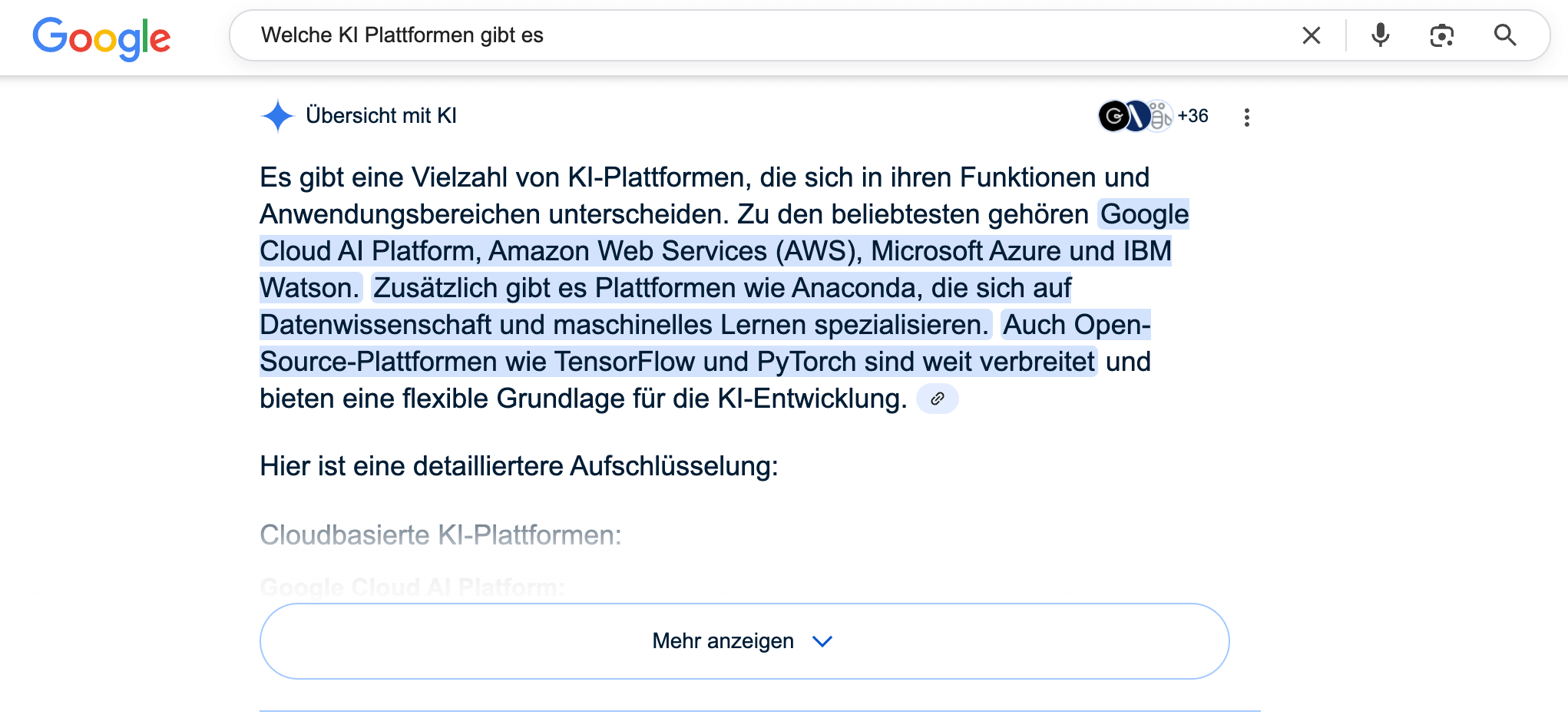 Screenshot eines Google AI Overviews zu der Frage, welche KI-Plattformen es gibt