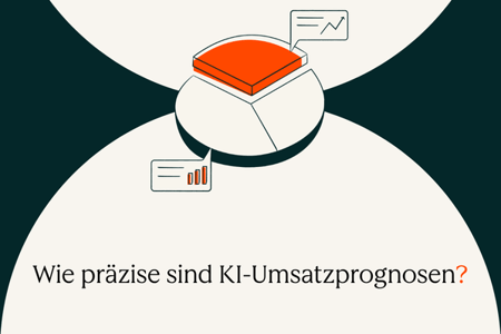 KI-Sales-Forecasting: Tortendiagramm mit Trendkurve und Balkendiagramm, Titel „Wie präzise sind KI-Umsatzprognosen?“