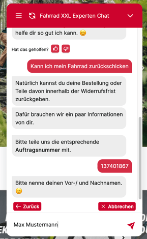 Screenshot des KI-Chatbots von Fahrrad XXL