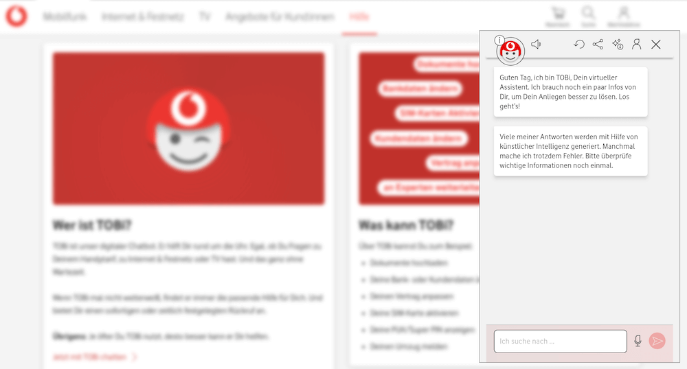 Screenshot der Vodafone Website wie KI im Kundenservice eingesetzt wird