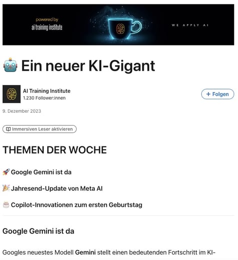 Der KI-Newsletter von KI zum Kaffee wird vom AI Training Institute auf LinkedIn veröffentlicht.