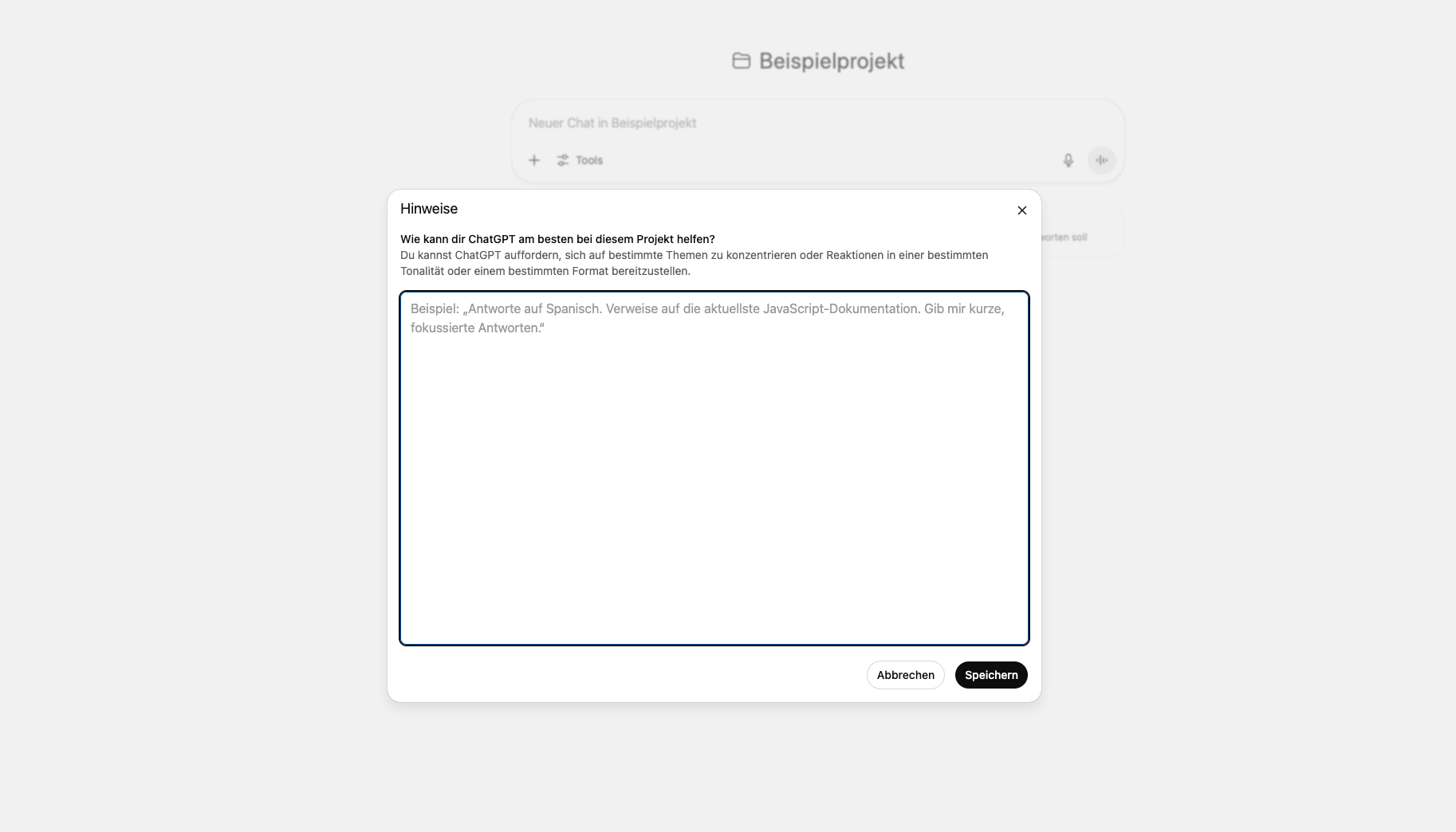 Screenshot ChatGPT-Projekt hinzufügen von Anweisungen