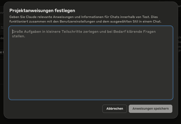 Screenshot für Anweisungen in Claude-Projekt