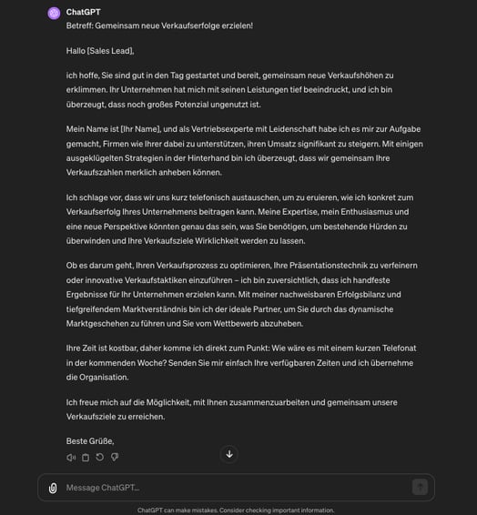 Screenshot KI-Tool für den Vertrieb ChatGPT