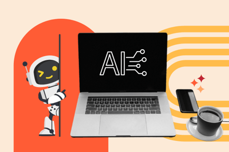 Computer mit Roboter daneben symbolisierend für KI-Website-Builder