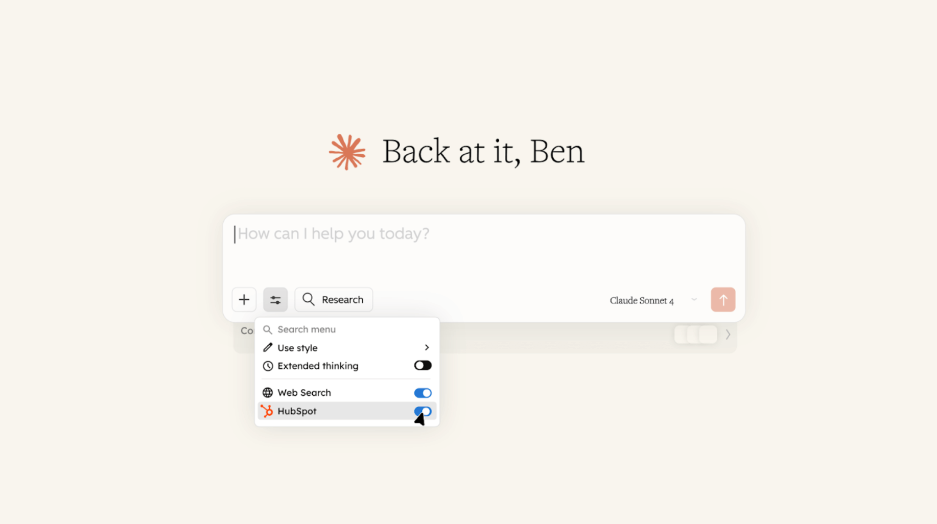 Screenshot aus Claude mit dem HubSpot Connector