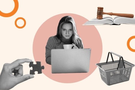 Kundendaten mit einer Collage dargestellt, auf der eine Person am Laptop, ein Puzzleteil und ein Richterhammer zu sehen sind