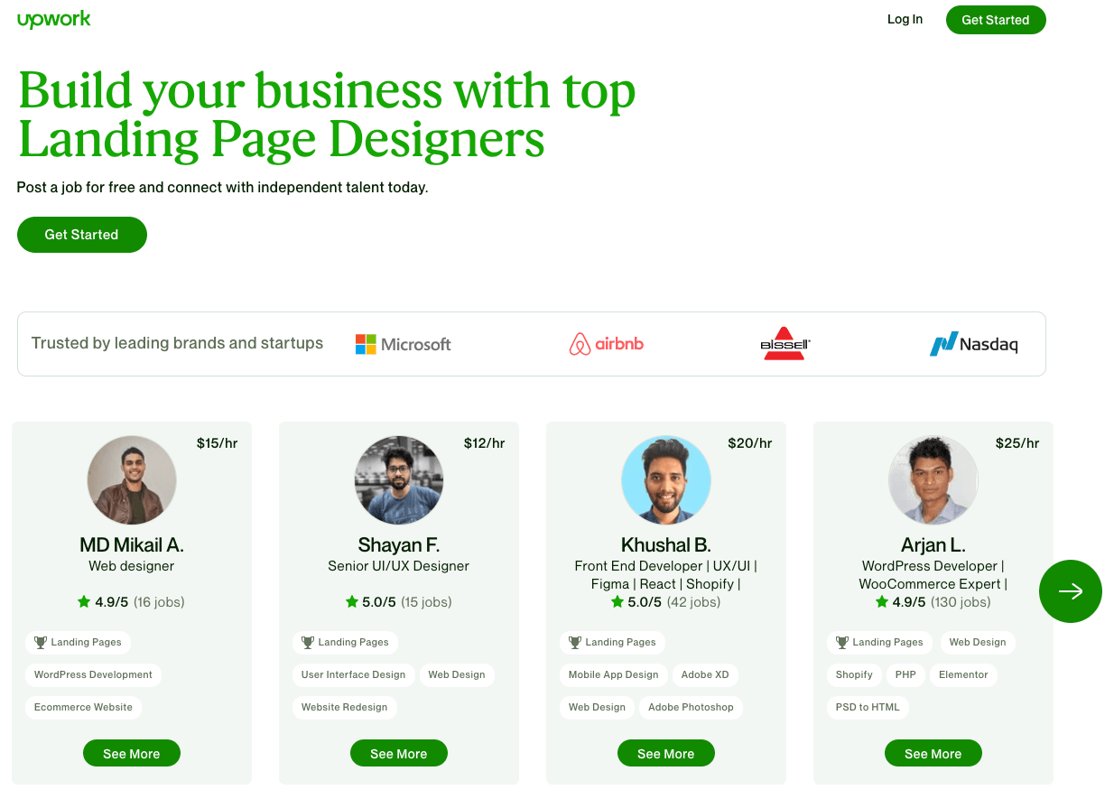 Screenshot Landingpage Upwork