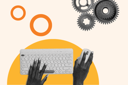 Landing-Page-Builder mit einer Collage mit Haenden auf einer Tastatur und Zahnraedern dargestellt