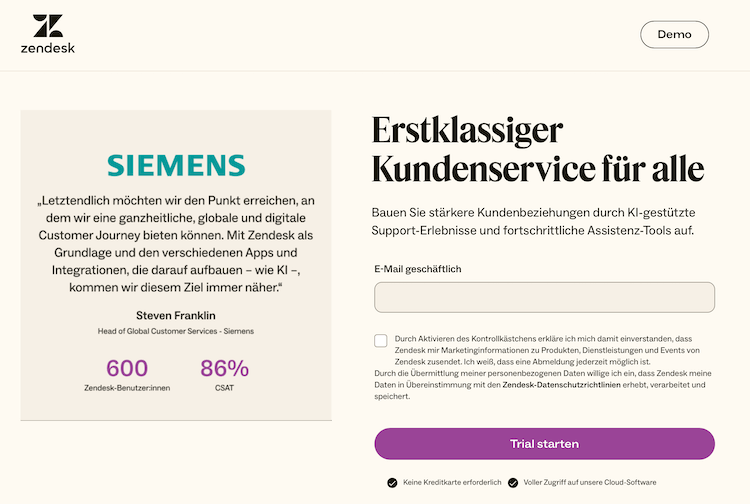 Screenshot einer Landingpage zur Testversion von Zendesk