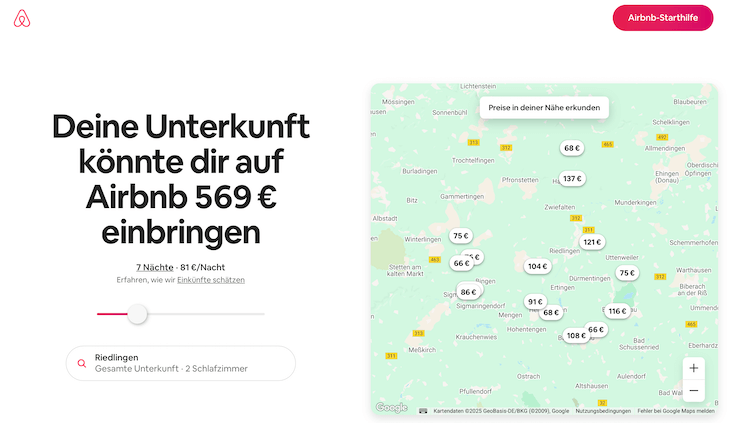 Screenshot Landingpage AirBnB zur Berechnung, wie viel man verdient, wenn man eine Unterkunft bei AirBnB listet