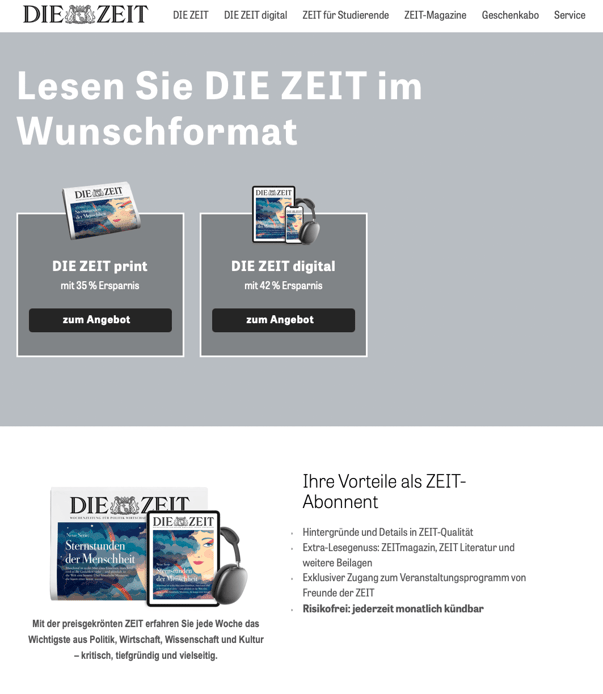 Screenshot einer Landingpage der Zeit für das Zeit-Abo
