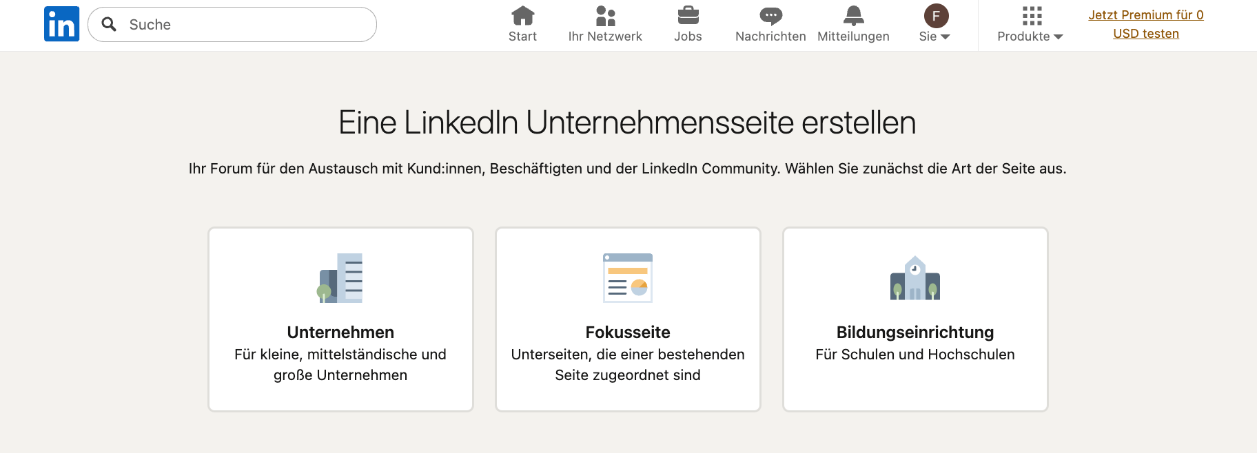 Screenshot der Seitenauswahl in Linkedin