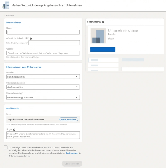 Screenshot der Felder, die ausgefüllt werden müssen
