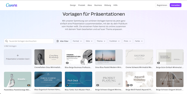 Screenshot der Canva-Vorlagen-Seite