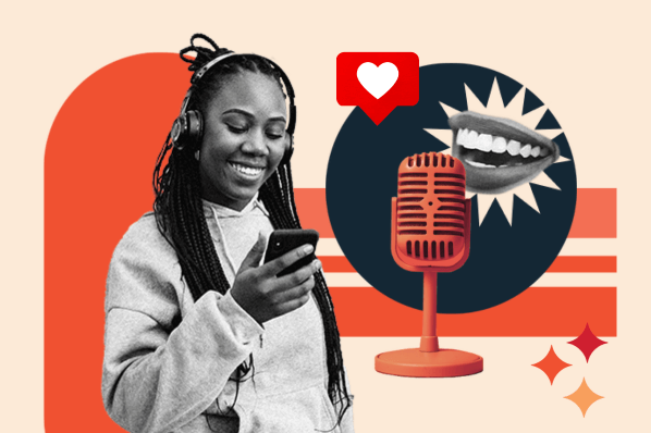 Frau mit Kopfhörern hört Podcast für Vertriebler und Vertrieblerinnen
