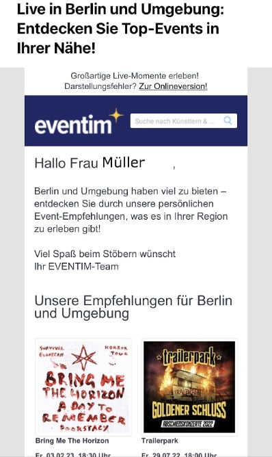 Screenshot Newsletter mit Empfehlungen von Eventim