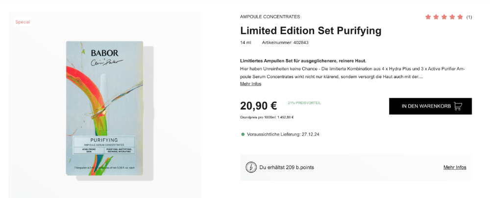 Screenshot von Babor als Beispiel fuer Scarcity-Effekt in der Marketing-Psychologie 