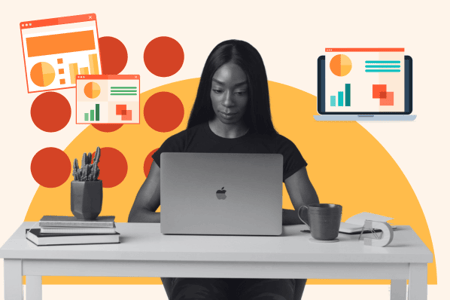Mitarbeiterin erstellt Marketing-Reporting am Laptop