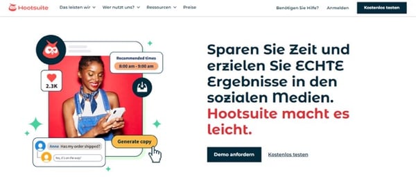 Hootsuite ist ein Planungstool, das Ihnen hilft, Beiträge auf Social Media für bestimmte Tage und Uhrzeiten vorzuplanen.