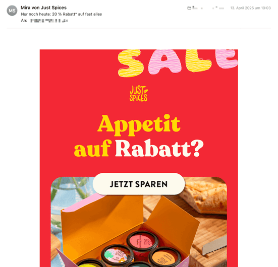 Screenshot einer Mail von Just Spices
