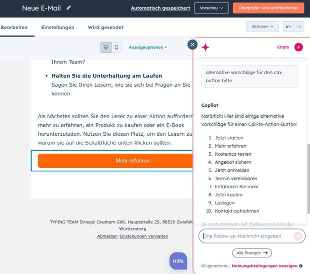 Screenshot aus HubSpot Breeze zum erstellen eines Newsletters