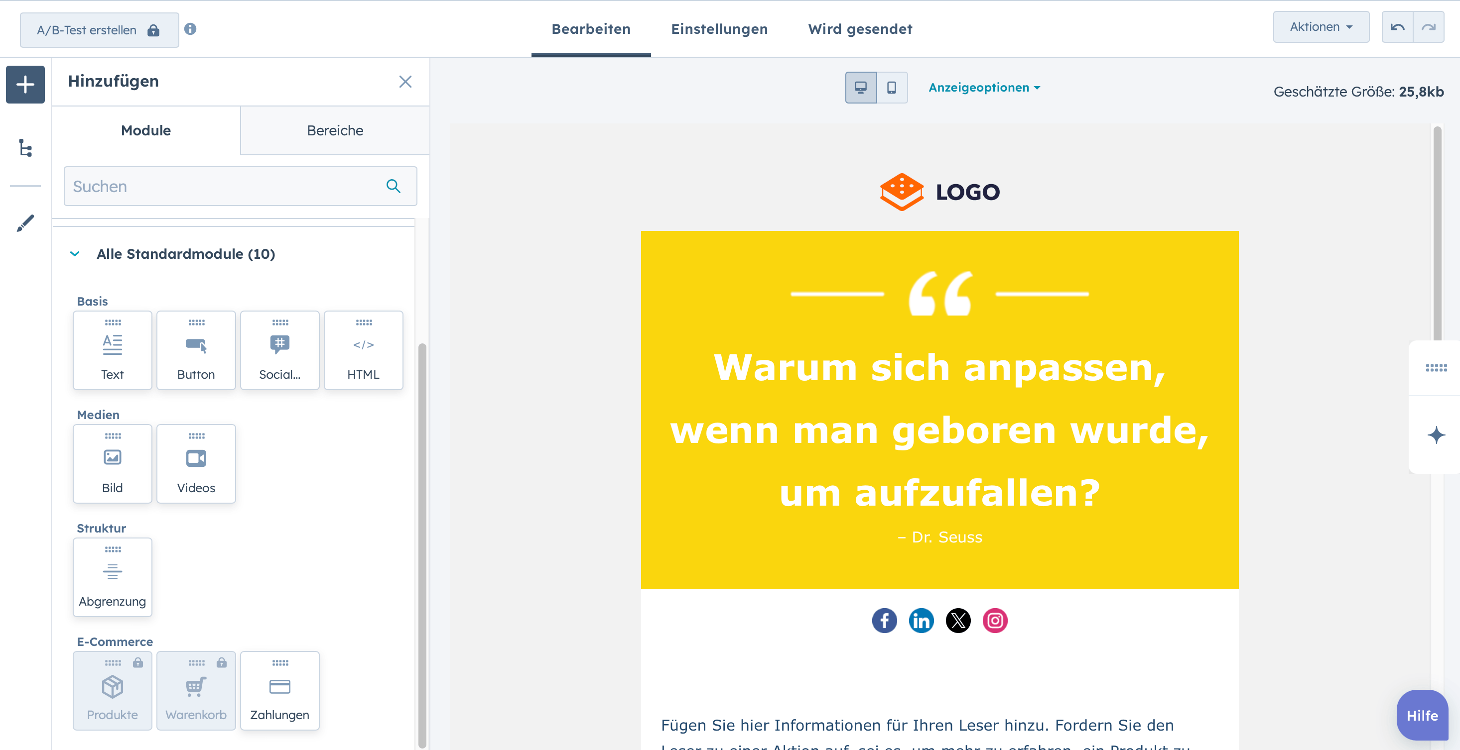 Screenshot aus HubSpot um einen Newsletter zu erstellen