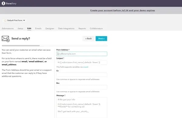 Screenshot Online-Formular Form Keep