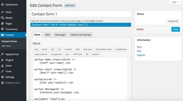 Screenshot WordPress Backend mit ContactForm7