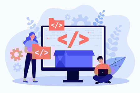 Grafik in der ein Team am Bildschirm Open Graph Tags in den Quellcode einfügt