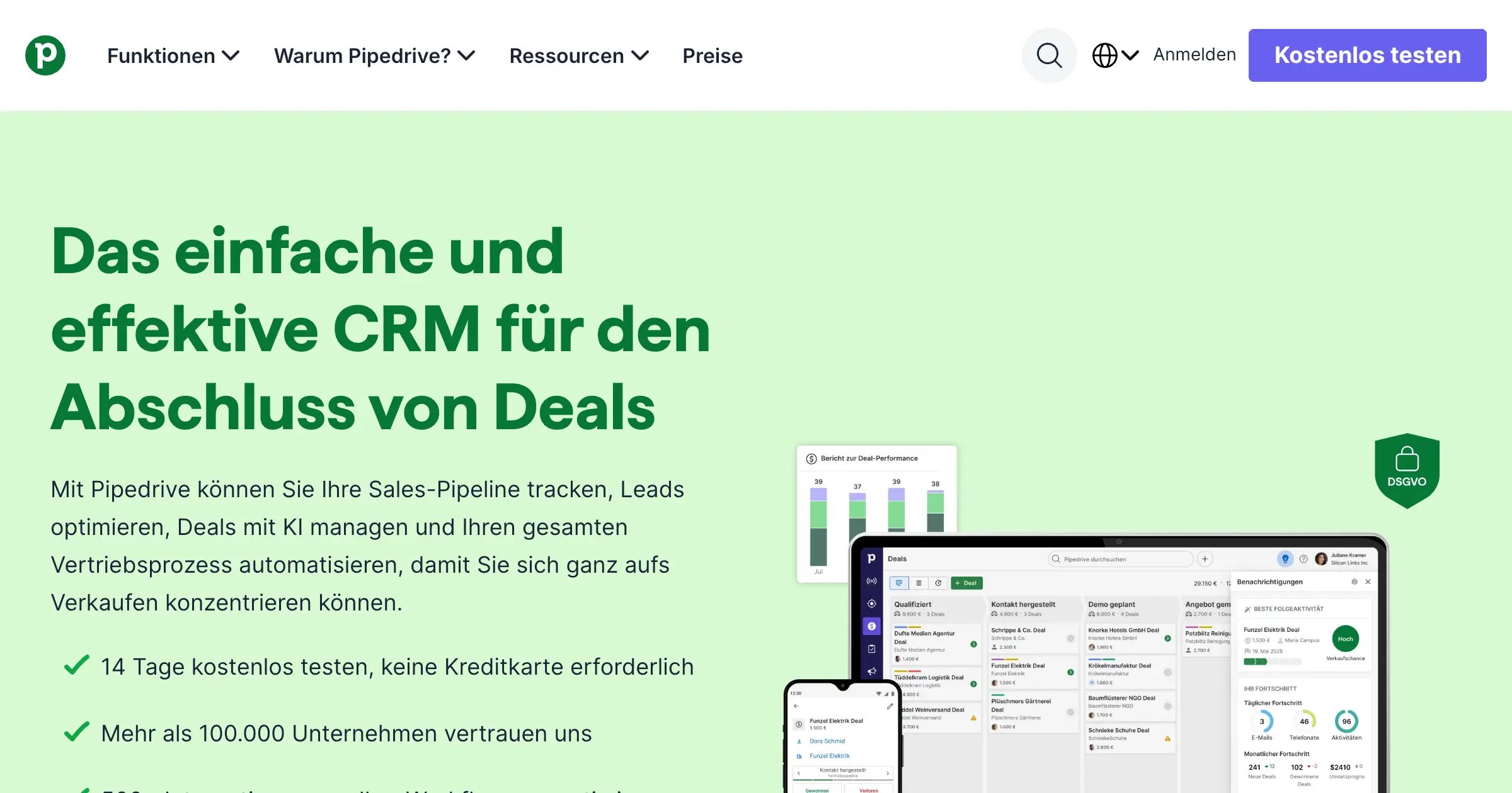 Pipedrive CRM Startseite mit Sales-Pipeline-Ansicht und Deal-Management-Funktionen