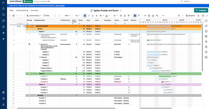 Screenshot Projektmanagement-Tool SmartSheet