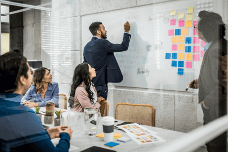 Team bespricht Projektsteuerung mithilfe Whiteboard im Büro