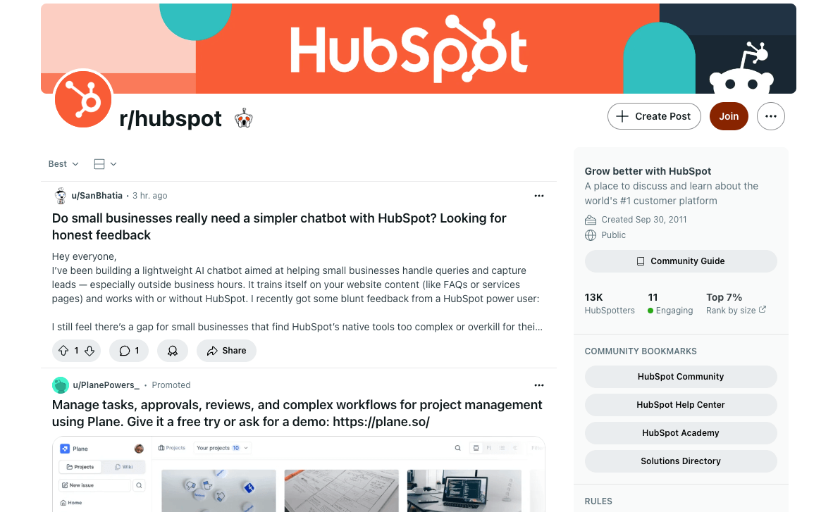 Screenshot von r/hubspot