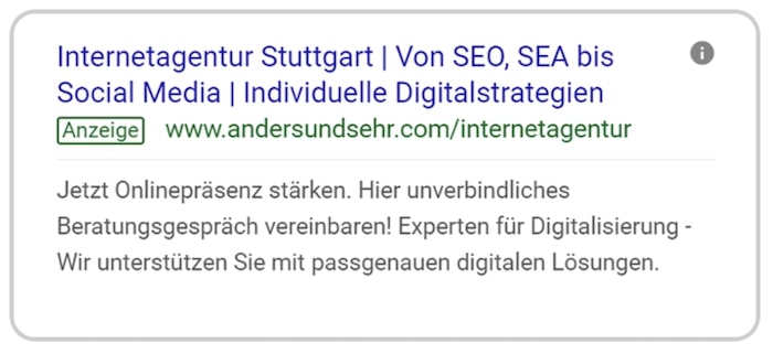 Screenshot Beispiel Responsive Search Ad umformuliert